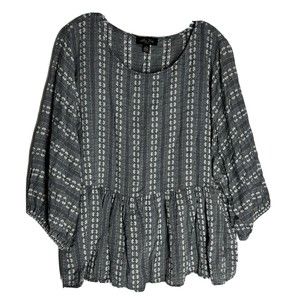 Melissa Paige Womens Boho Top Size 1X Gray Floral Embroidered Balloon Sleeve